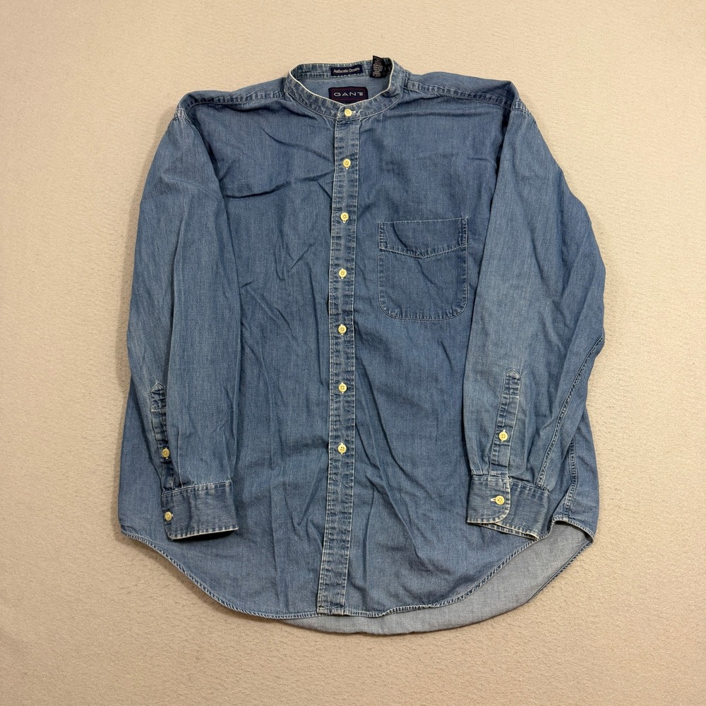 Vintage Gant Shirt Mens XL Blue Denim Band Collar Long Sleeve Pocket Casual 90s